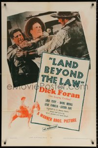 7b575 LAND BEYOND THE LAW 1sh R1943 great image of singing cowboy Dick Foran in fight!