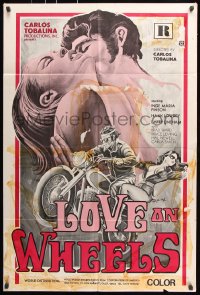7b616 LOVE ON WHEELS 1sh 1970s Carlos Tobalina, cool motorcycle artwork by Tyler!