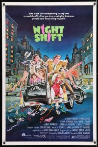 7b701 NIGHT SHIFT 1sh 1982 Michael Keaton, Henry Winkler, sexy girls in hearse art by Mike Hobson!
