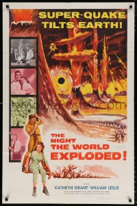7b702 NIGHT THE WORLD EXPLODED 1sh 1957 a super-quake tilts the Earth, wild disaster artwork!