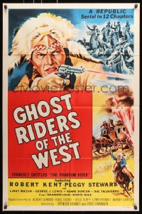 7b746 PHANTOM RIDER 1sh R1954 Republic serial, Native American w/gun, Ghost Riders of the West!