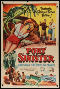 7b758 PORT SINISTER 1sh 1953 great art of man shooting at giant crab attacking bound girl!