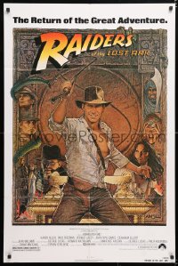 7b778 RAIDERS OF THE LOST ARK 1sh R1982 great Richard Amsel art of adventurer Harrison Ford!