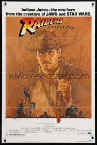 7b777 RAIDERS OF THE LOST ARK 1sh 1981 Richard Amsel art of Harrison Ford, Steven Spielberg!