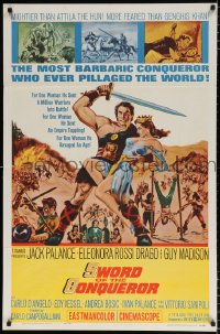 7b895 SWORD OF THE CONQUEROR 1sh 1962 great art of Jack Palance as barbarian holding sexy girl!