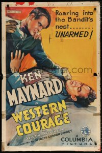 7b971 WESTERN COURAGE 1sh 1935 art of Ken Maynard roaring into the bandit's nest unarmed!