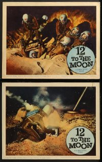 7c743 12 TO THE MOON 2 LCs 1960 cool sci-fi images of astronauts and the moon's surface!