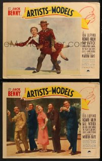 7c761 ARTISTS & MODELS 2 LCs 1937 w/posed portrait Jack Benny, Richard Arlen, Gail Patrick & Ida Lupino!