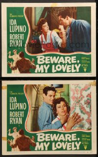 7c768 BEWARE MY LOVELY 2 LCs 1952 film noir, Ida Lupino is trapped by Robert Ryan!
