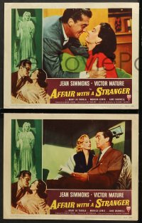 7c028 AFFAIR WITH A STRANGER 8 revised LCs 1953 Victor Mature, sexy Jean Simmons, cool border art!