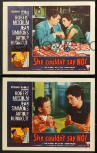 7c263 SHE COULDN'T SAY NO 8 LCs 1954 sexy short-haired Jean Simmons, Dr. Robert Mitchum!