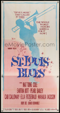 7d028 ST. LOUIS BLUES 3sh 1958 Nat King Cole, the life & music of W.C. Handy, cool silhouette art!