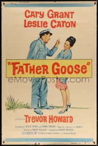7d271 FATHER GOOSE style Z 40x60 1965 art of sea captain Cary Grant yelling at pretty Leslie Caron!