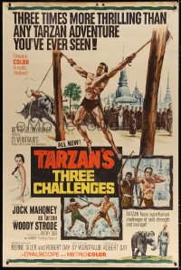 7d299 TARZAN'S THREE CHALLENGES 40x60 1963 Edgar Rice Burroughs, artwork of bound Jock Mahoney!
