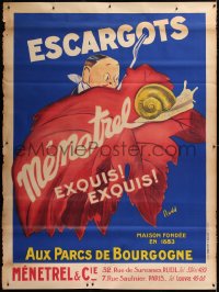 7d144 ESCARGOTS MENETREL 47x63 French advertising poster 1930s art of snail hunted by man w/fork!