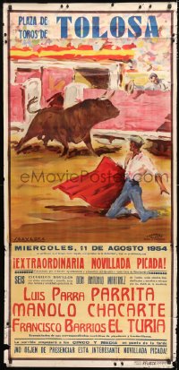 7d086 PLAZA DE TOROS DE TOLOSA 28x58 Spanish special poster 1954 bullfighting art by Saavedra!