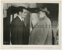 7f925 TOUCH OF EVIL 8x10 still 1958 c/u of Orson Welles telling Charlton Heston to back off!