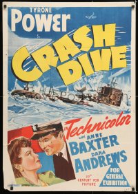 7g560 CRASH DIVE Aust 1sh 1943 art of Tyrone Power & Anne Baxter + burning submarine, ultra-rare!