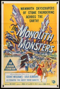 7g608 MONOLITH MONSTERS Aust 1sh 1957 cool sci-fi art of living mammoth skyscrapers of stone!
