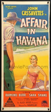 7g664 AFFAIR IN HAVANA Aust daybill 1957 Cassavetes, Richardson Studio art of Shane on beach!