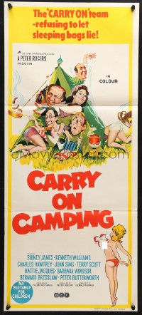 7g708 CARRY ON CAMPING Aust daybill 1970 AIP, Sidney James, English nudist sex, wacky artwork!
