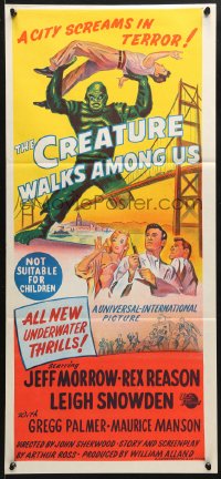 7g729 CREATURE WALKS AMONG US Aust daybill 1956 art of monster attacking by Golden Gate Bridge!