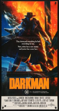 7g738 DARKMAN Aust daybill 1990 directed by Sam Raimi, cool Alvin art of masked hero Liam Neeson!