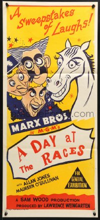 7g739 DAY AT THE RACES Aust daybill R1960 best different art of Groucho, Chico & Harpo Marx!