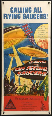 7g757 EARTH VS. THE FLYING SAUCERS Aust daybill 1956 sci-fi classic, cool art of UFOs & aliens!