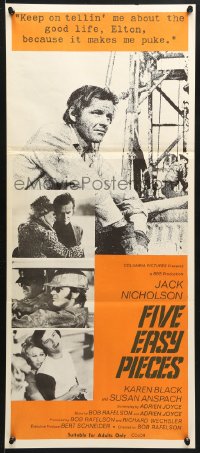 7g776 FIVE EASY PIECES Aust daybill 1970 close up of Jack Nicholson, directed by Bob Rafelson!