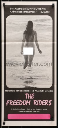 7g781 FREEDOM RIDERS Aust daybill 1972 completely naked Aussie surfer girl, black border design!