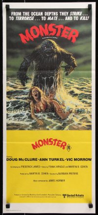 7g821 HUMANOIDS FROM THE DEEP Aust daybill 1980 art of monster over sexy girl on beach!