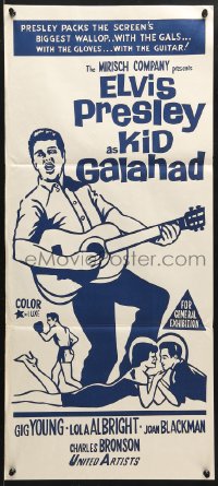 7g840 KID GALAHAD Aust daybill R1960s art of Elvis Presley singing with guitar, boxing & romancing!