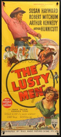 7g853 LUSTY MEN Aust daybill 1952 art of Robert Mitchum with sexy Susan Hayward & riding on bull!