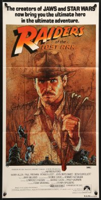 7g898 RAIDERS OF THE LOST ARK Aust daybill 1981 great Richard Amsel artwork of Harrison Ford!