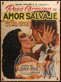 7g237 AMOR SALVAJE Mexican poster 1950 Juan Orol, romantic close-up of sexy Rosa Carmina and Junco!