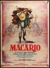 7g251 MACARIO Mexican poster 1960 cool art of man carrying wood from altar of skulls by Mendoza!