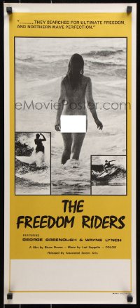7j056 FREEDOM RIDERS Aust daybill 1972 completely naked Aussie surfer girl, yellow border design!