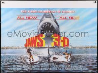 7j507 JAWS 3-D British quad 1983 great Gary Meyer shark artwork, the third dimension is terror!