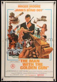 7j033 MAN WITH THE GOLDEN GUN Indian 21x30 1974 art of Roger Moore as James Bond by Robert McGinnis!