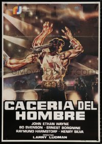 7j415 MANHUNT Spanish 1985 Ethan Wayne, Borgnine, completely different crime artwork!