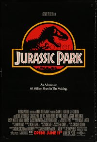 7k733 JURASSIC PARK advance 1sh 1993 Steven Spielberg, classic logo with T-Rex over red background