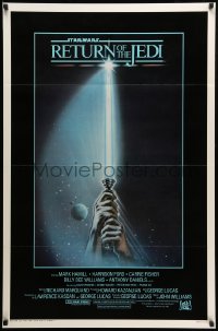 7k860 RETURN OF THE JEDI 1sh 1983 George Lucas, art of hands holding lightsaber by Tim Reamer!