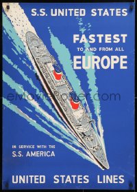 7k288 UNITED STATES LINES 23x33 silkscreen travel poster 1950s fastest to and from all Europe, rare!
