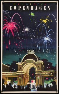 7k292 WONDERFUL COPENHAGEN 24x39 Danish travel poster 1958 Asmussen art of fireworks over Tivoli!