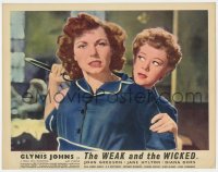 7p949 WEAK & THE WICKED English LC 1954 Glynis Johns restraining Jane Hylton holding scissors!
