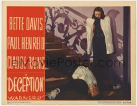 7p208 DECEPTION LC #6 1946 shocked Bette Davis looks at body of dead Claude Rains on stairs!