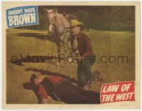 7p488 LAW OF THE WEST LC #3 1949 cowboy Johny Mack Brown with gun drawn over his dead comrade!