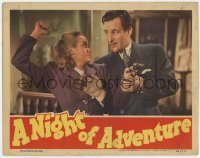 7p630 NIGHT OF ADVENTURE LC 1944 close up of Tom Conway grabbing gun from pretty Audrey Long!