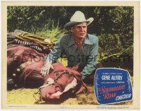 7p835 STRAWBERRY ROAN LC 1948 close up of Gene Autrey with his horse Champion wounded on ground!